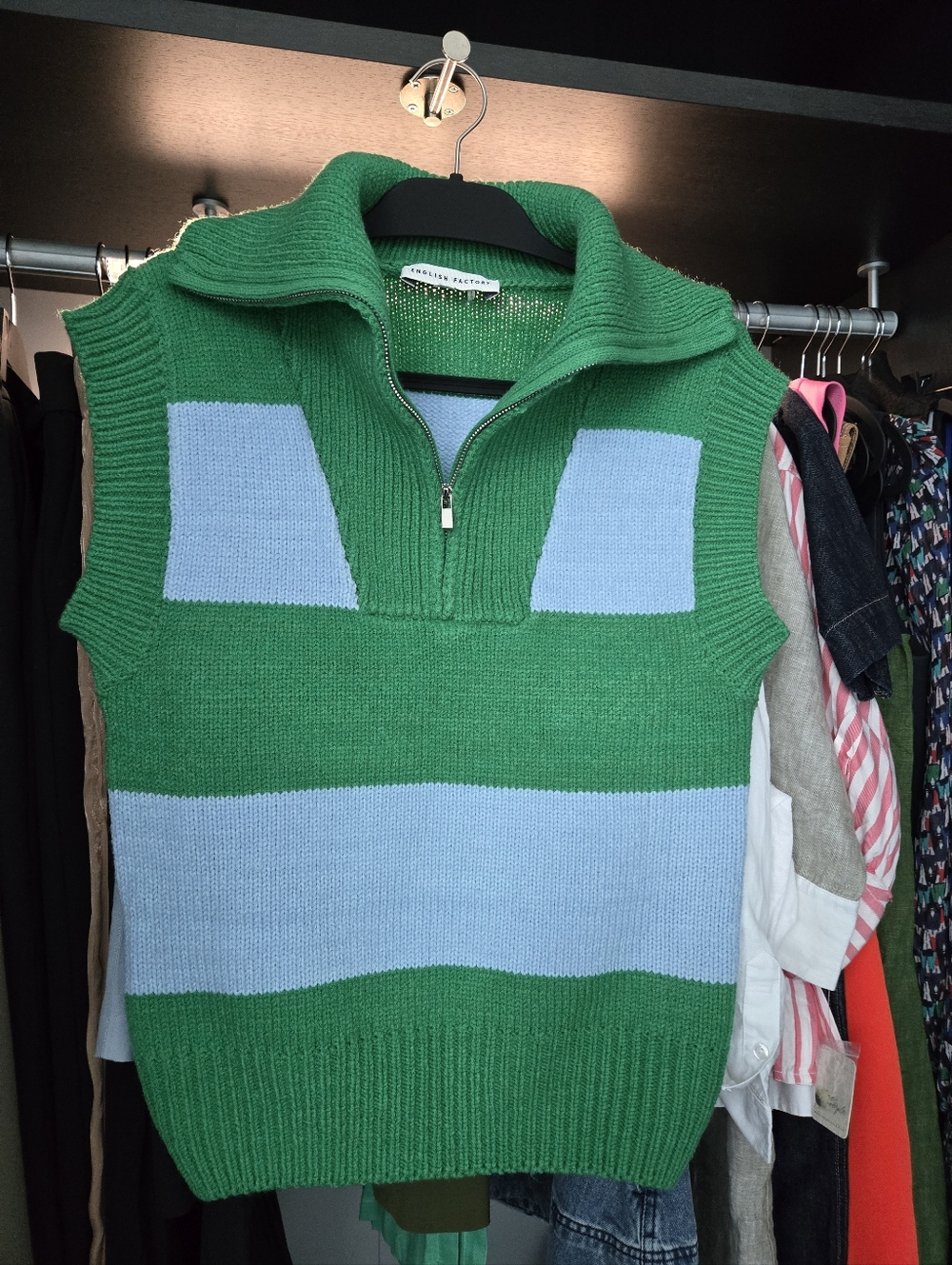 English Factory Green and Light Blue Colorblock Sleeveless Zip Knit Vest